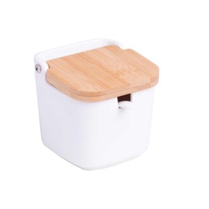 Saleiro de Mesa Ceramica C/tampa de Madeira e Colher Branco
