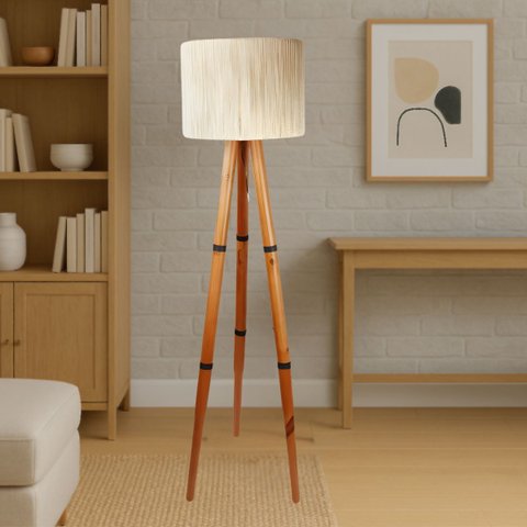 Luminária em Sisal Natural Aconchegante Pés Madeira e Couro
