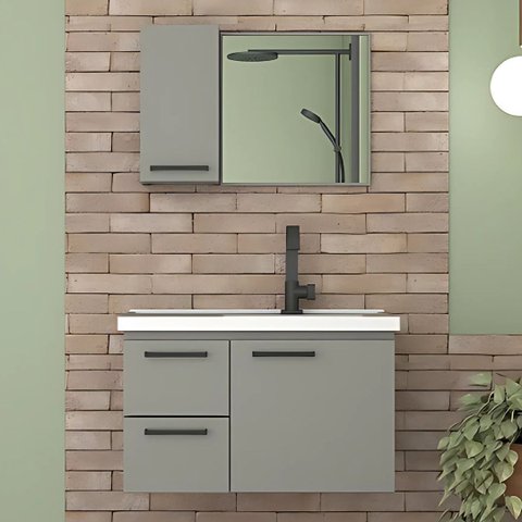 Conjunto Gabinete de Banheiro em Aço com Cuba e Espelheira:Cinza