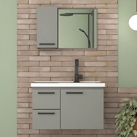 Conjunto Gabinete de Banheiro em Aço com Cuba e Espelheira:cinza