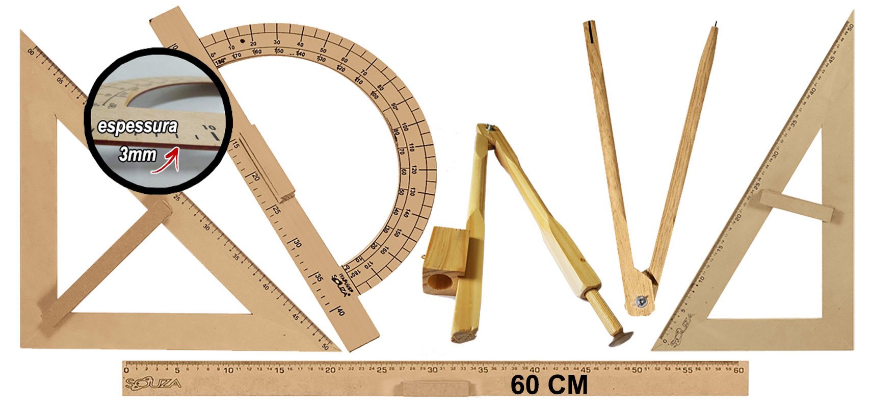 Kit Geométrico do Professor Mdf E Pinus Com 1 Régua 60 cm + 1 Compasso Para Quadro Branco 40 cm + 1 