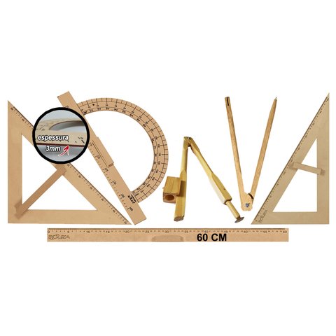 Kit Geométrico do Professor Mdf E Pinus Com 1 Régua 60 cm + 1 Compasso Para Quadro Branco 40 cm + 1