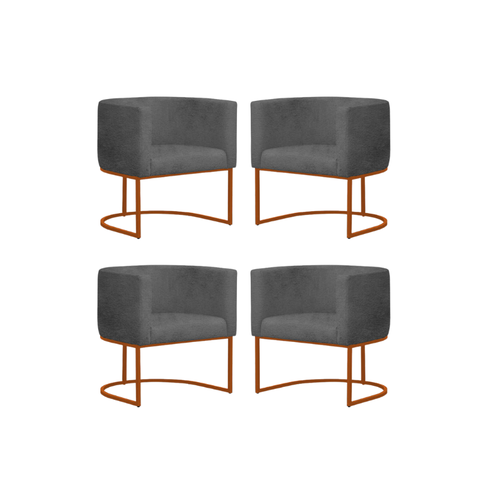 Kit 4 Poltrona Reforçada Decorativa Sala Gabriela Base Ferro Bronze Suede Cinza