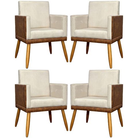 Kit 4 Poltronas Modernas Lis Corino e Pé 30cm - Bege Suede Corino
