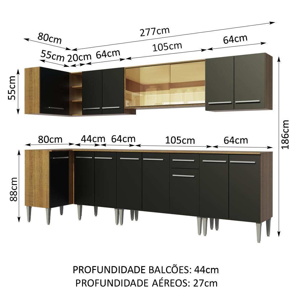 Armário de Cozinha Completa de Canto 357cm Rustic/Preto Emilly Mega Madesa 03 - 3