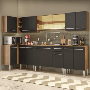 Armário de Cozinha Completa de Canto 357cm Rustic/Preto Emilly Mega Madesa 03