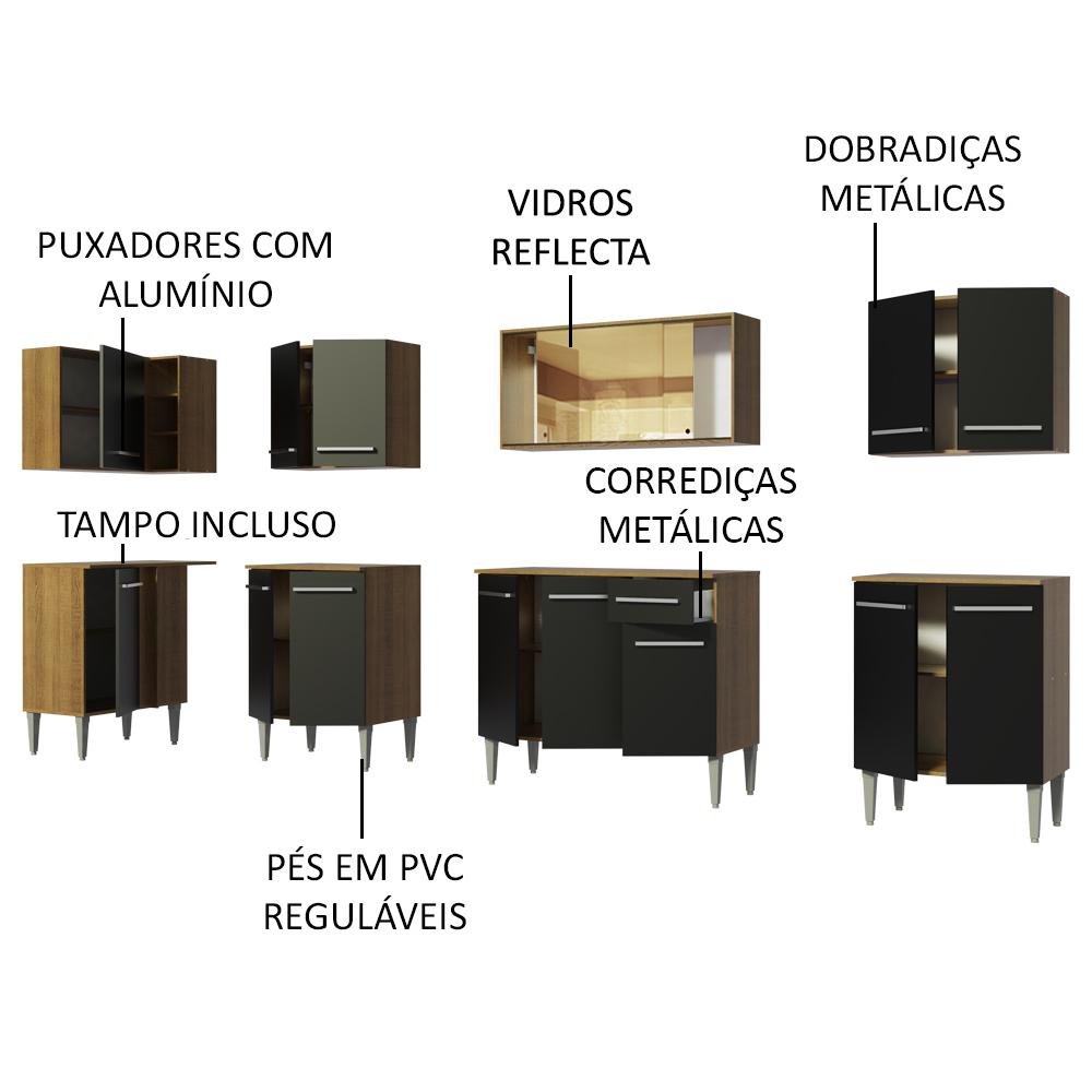 Armário de Cozinha Completa de Canto 357cm Rustic/Preto Emilly Mega Madesa 03 - 4