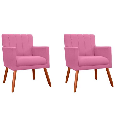 Kit 2 Poltronas Decorativa Cecília Suede Rosa Pés Madeira Ms Decor
