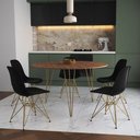Ver imagem 1 de Mesa Jantar Redonda 110Cm Amêndoa Clips 3 Pés Com 5 Cadeiras Pretas Base Dourada - Cor: Amendoa