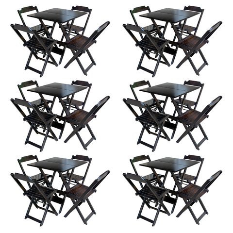 Kit 6 Jogos de Mesa com 4 Cadeiras de Madeira Dobrável 60x60 Ideal para Bar e Restaurante - Tabaco