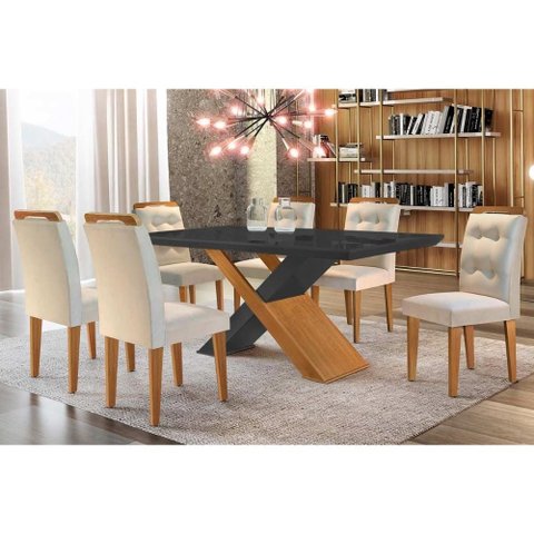 Conjunto: Mesa Sala Jantar Imperatriz Tampo Madeirado C/ Vidro Curvo 180x90 e 6 Cadeiras Imperatriz