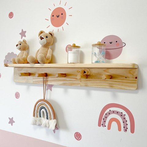 Cabideiro Prateleira de Madeira Infantil Montessori com Ganchos para Organização e Decoração - Bento