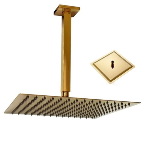 Ducha Chuveiro Inox Teto Slim Dourado 20x20 Quadrado Suporte Area Externa Banheiro Piscina Banho