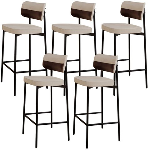 Kit 05 Banquetas Alta Bar Cozinha Sala de Jantar Aço Preto Kaira C01 Linho Areia Courino Café - Lyam