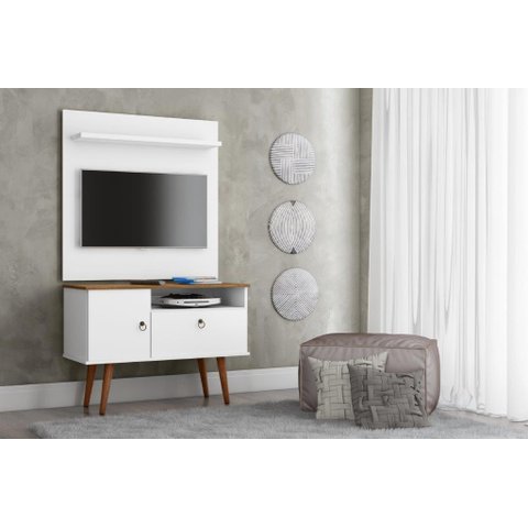 Conjunto Y Retrô Rack + Painel para Tv até 32'' Polegadas Cor Branco / Cumaru