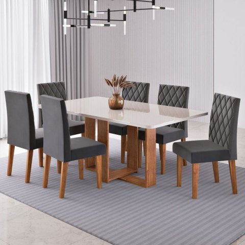 Mesa de Jantar 6 Lugares Afrodite com Vidro Mel/off White/veludo Cinza - Viero Móveis