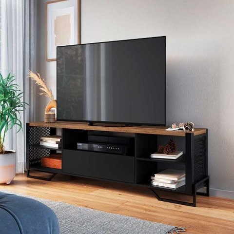 Rack Industrial para Sala com Tela em Aço e 5 Nichos 1,83 M Preto com Mel Preto com Mel