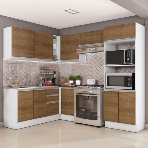 Armário de Cozinha Completa de Canto 100% MDF 419cm Rustic/Branco Acordes Madesa 01