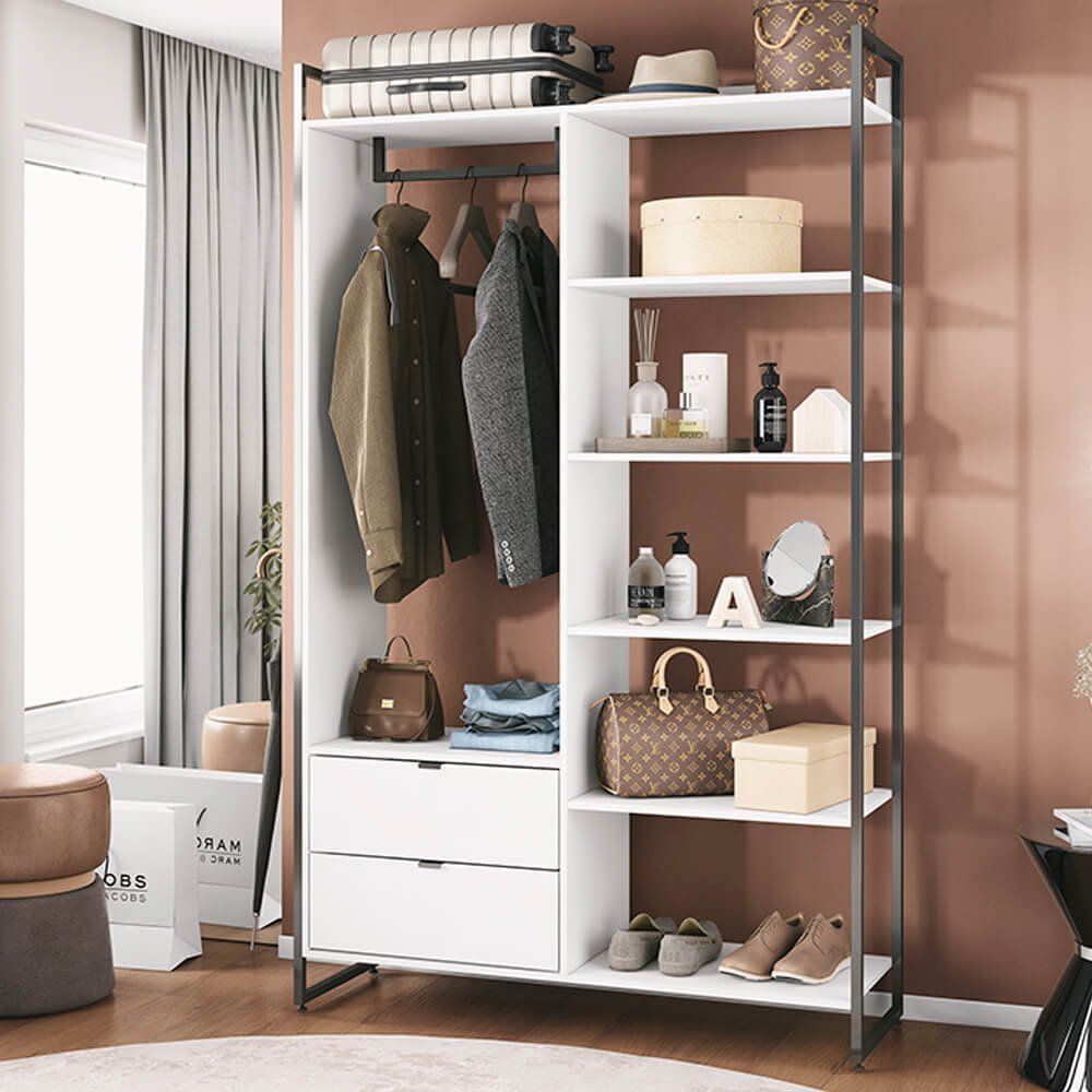 Closet com Gaveta e Cabideiro Sem Portas para Quarto Riviera Branco BubHome