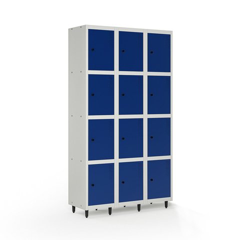 Armário Roupeiro Locker Guarda-Volume de Aço 12 Portas Pequenas com Fecho para Cadeado Vestiário Academia Azul/Cinza
