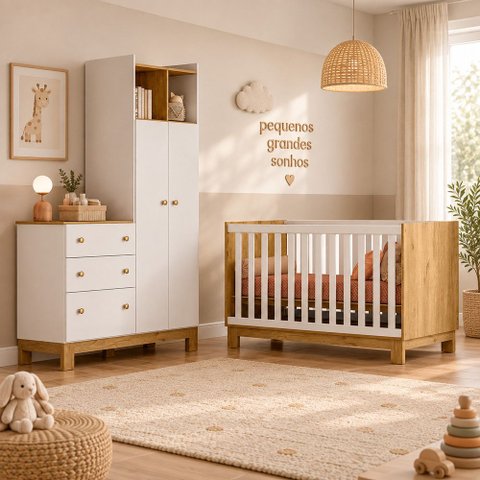Kit Quarto de Bebê Flora Guarda Roupa Cômoda Berço Mini Cama Qmovi