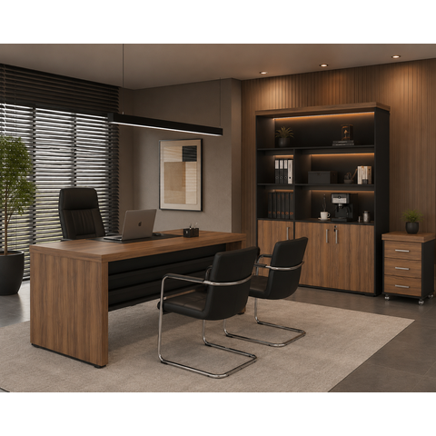 Conjunto Artany: Mesa, Gaveteiro e Estante c/ LED