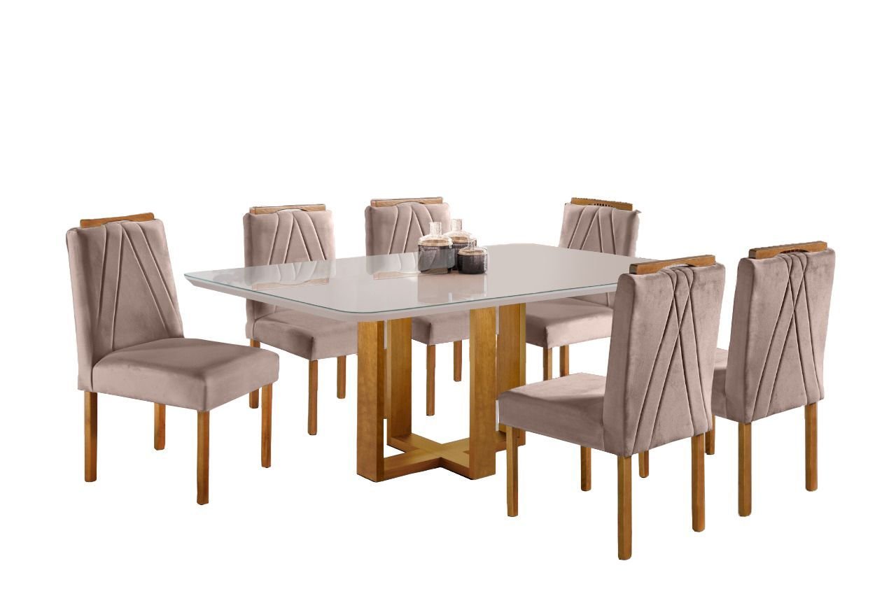 Conjunto Sala de Jantar Lisy 6 Lugares Mesa e Cadeiras Madeira Maciça Veludo Nude