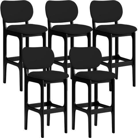 Kit 05 Banquetas Alta Para Cozinha Madeira Fixa Betta L02 Preto Facto Preto - Lyam Decor