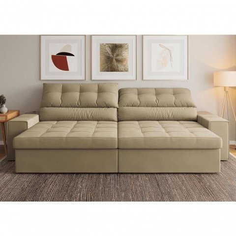 Sofá com Chaise Medelín 5 Lugares Retrátil e Reclinável 275cm Bege Suede