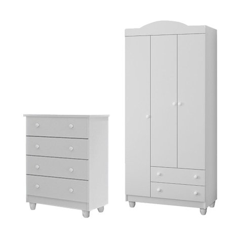 Conjunto Cômoda e Roupeiro Lara MDF Branco Infantil Quarto Completo Organizador Moderno Criança