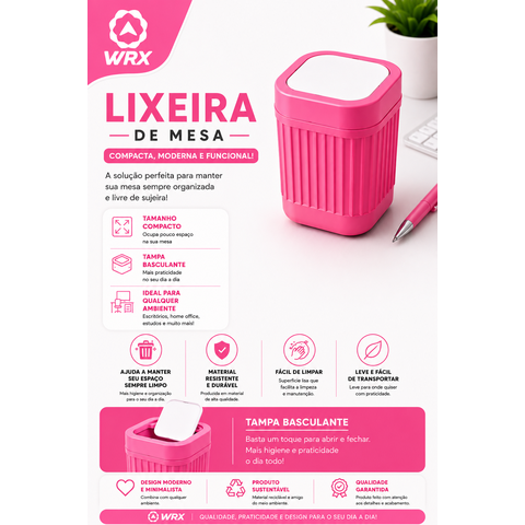 Lixeira de Mesa Compacta com Tampa Basculante:Rosa