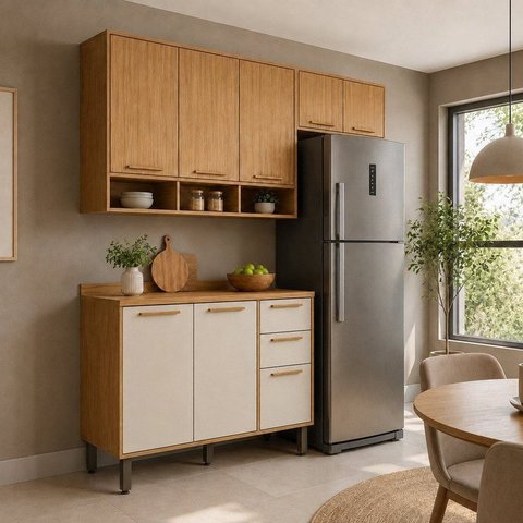 Cozinha Modulada Compacta 3 Peças 8 Portas MDF 200cm Malta Espresso Móveis Bege/Amêndoa/Off-White