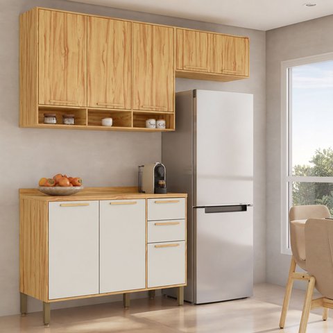 Cozinha Modulada Compacta 3 Peças 8 Portas MDF 200cm Malta Espresso Móveis Bege/Amêndoa/Off-White
