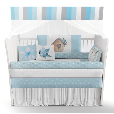Kit Berço Enxoval de Bebê Jardim Pássaros Azul