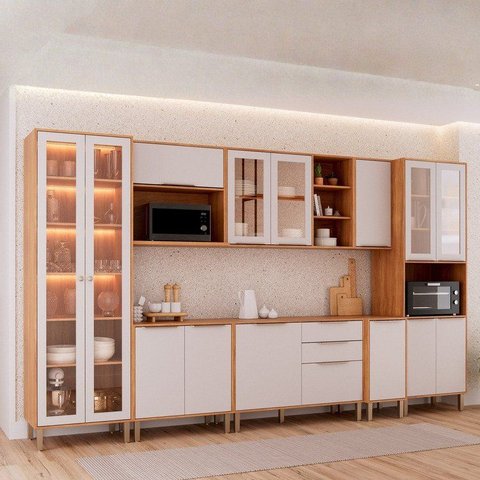Cozinha Modulada 8PEÇAS Brilhante 1 Cristaleira 3 Balcões 3 Armários Aéreo 1 Torre Cinamomo/Offwhite