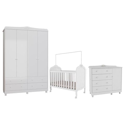 Dormitório Infantil Elô Guarda Roupa, Cômoda e Berço Branco Brilho - Móveis Peroba