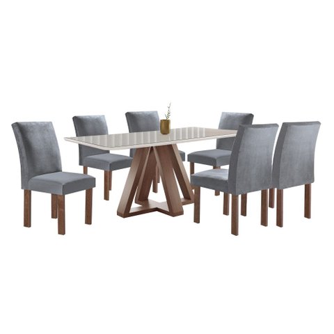 Mesa Kyra 170CMX90CM 6 Cadeiras Canela Tampo Smart Plus Vidro Off White