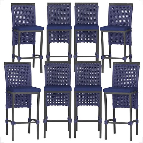 8 Banquetas em Alumínio Roma Preta Corda Náutica Tecido 10