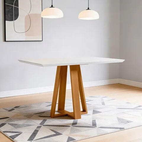 Mesa de Jantar 4 Lugares Retangular 120cm Tampo MDF com Vidro Elian N01 Ypê Off White - Lyam Decor
