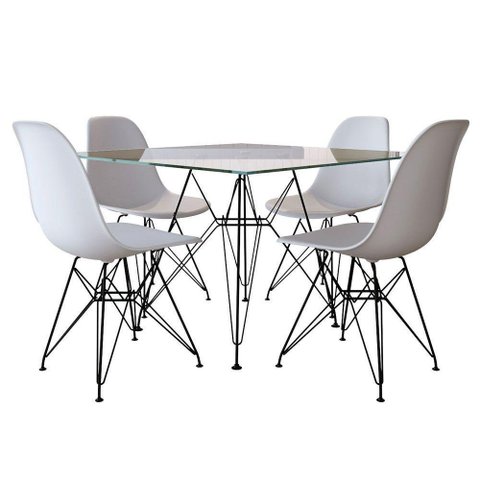 Mesa De Jantar Quadrada Vidro 90Cm Com 4 Cadeiras Brancas Base Ferro Preto Cor: Preto