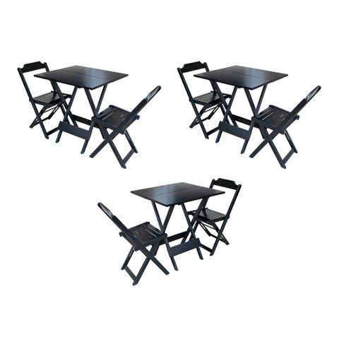 Kit 3 Conjuntos de Mesa Dobravel com 2 Cadeiras de Madeira 70x70 para Restaurante e Bar - Preto
