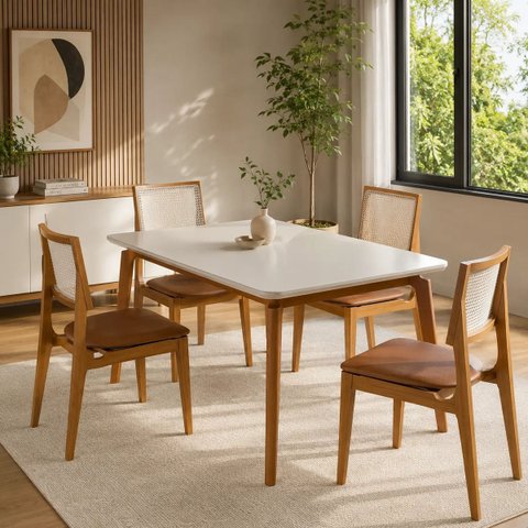 Mesa Jantar Luxo Jade 160cm Tampo Chanfrado Base Madeira Mel Bege Marrom-Claro