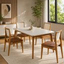 Ver imagem 1 de Mesa Jantar Luxo Jade 160cm Tampo Chanfrado Base Madeira Mel Bege Marrom-Claro