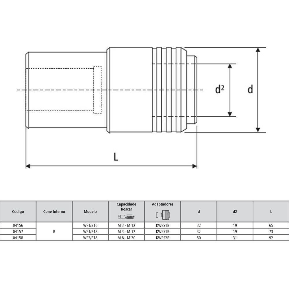 Mandril Rígido Troca Rápida (cone Interno B) Modelo Wf2/b18 - Cap. M8 - M20 - Din 238 - 3