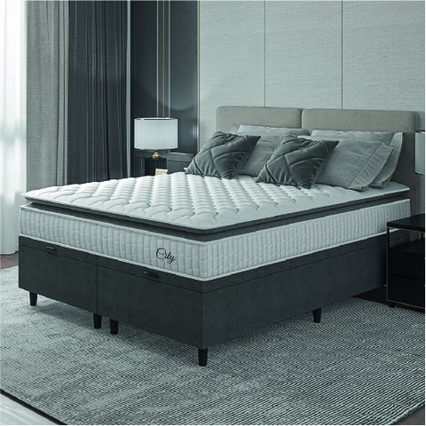 Cama Box Colchão Baú Casal King Molas Ensacadas City Pillow Top 193x203x64cm Cinza / Branco Hellen