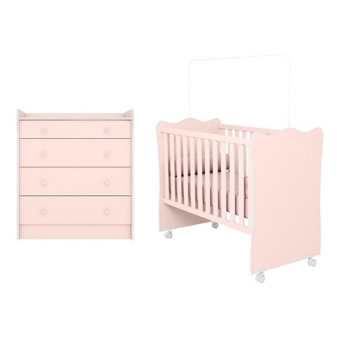 Berço Simples com Colchão Probel e Cômoda 2523 para Quarto de Bebê Infantil Doce Sonho Rosa Qmovi