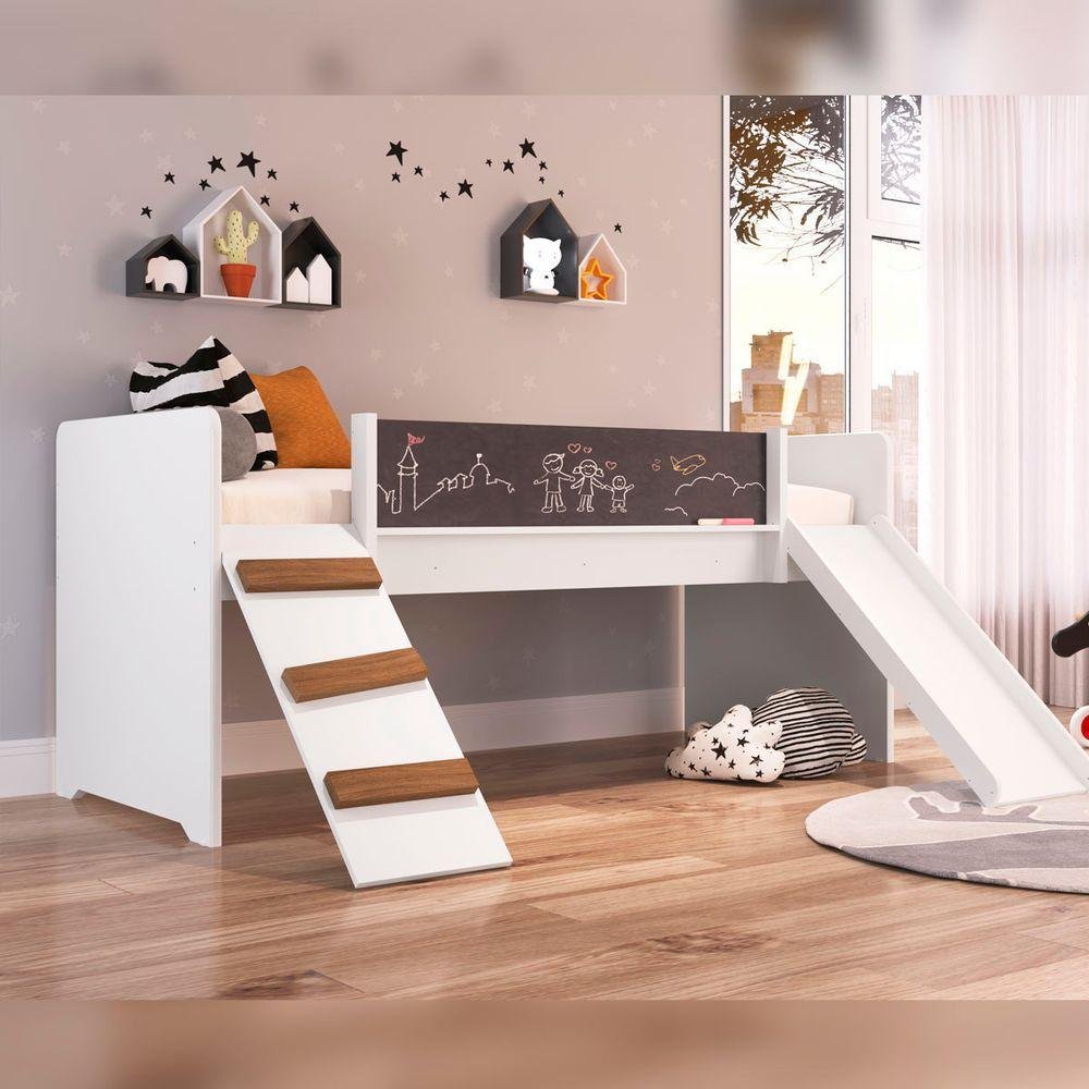 Cama Infantil Com Escorregador, Rampa Louza Desenho Branco | MadeiraMadeira