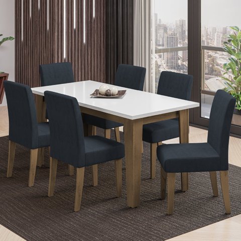 Conjunto de Mesa Sala de Jantar Miami com 6 Cadeiras Trieste Suede 1,60m Cedro / Off White / Chumbo