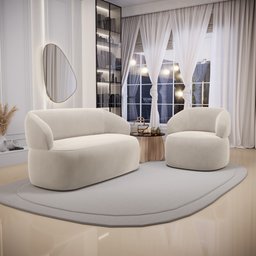 Kit Poltrona Giratória e Sofá Orgânico Living Glee 03 Lugares 170cm Veludo Bege - Desk Design - 2 Kit Poltrona Giratória e Sofá Orgânico Living Glee 03 Lugares 170cm Veludo Bege - Desk Design - 2
