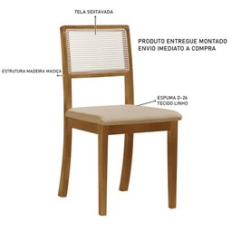 Kit 4 Cadeiras de Jantar Palha Estofada Linho Bege Encosto em Tela Sextavada Rubi Madeira Maciça Mel - 3